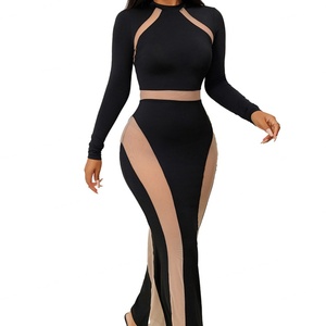 Robe midi décontractée noire élégante et sexy pour femme, tricotée, à manches longues, coupe droite, de haute qualité, personnalisable OEM, pour l'été - Product Image 1