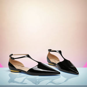 Chaussures de bureau personnalisables <span class=keywords><strong>à</strong></span> talons bas avec lanières en forme de T Design pointu Décoration de <span class=keywords><strong>tige</strong></span> de talon en or en cuir verni - Product Image 5