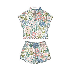 GSSO3576 Ensemble décontracté à manches courtes et ourlet festonné pour petites filles, imprimé floral, avec fermeture éclair, vente en gros pour enfants - Product Image 1