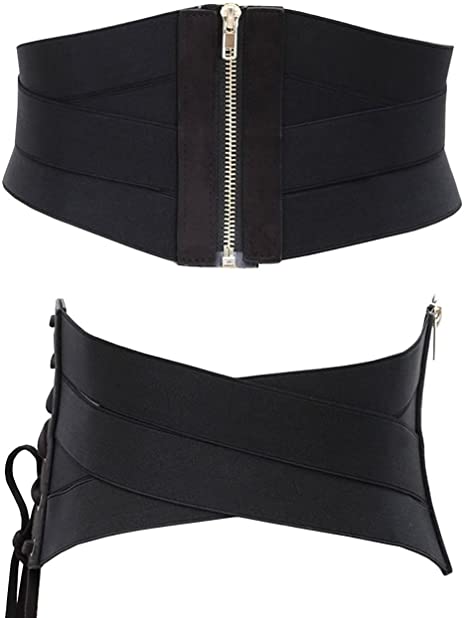 Longwu Moda Donna Rivetti Neri Cintura ampia Cintura Elastica Elasticizzata Corsetto Cintura Cincher cintura Con Cerniera per Abito Cappotto Punk