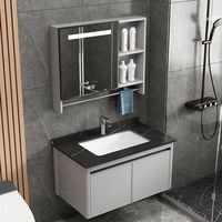Kabinet Penyimpanan Dinding Cermin Pintar Kamar Mandi Aluminium Tahan Air Modern dengan Wastafel Keramik untuk Renovasi Rumah/Apartemen