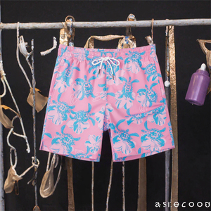 Short de bain pour homme en tissu tissé imperméable, imprimé floral tortue rose, sportif, avec logo frontal, respirant, cordon de serrage et taille élastique - Product Image 2