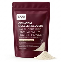 Protéine de lactosérum certifiée Halal, faible en gras, en poudre, emballage en vrac OEM, MOQ flexible, qualité supérieure, nutrition pour la récupération musculaire, adulte, 50g+