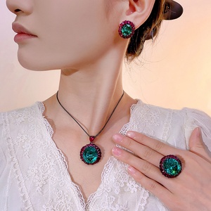 Vintage Eco-friendly Copper Black Gold Plated Bridal Jewelry <b>Set</b> 18*20mm Paraiba Zirconia Pendant <b>Earrings</b> Ring <b>Set</b> for Wedding - Product Image 5