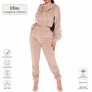 Completo da <span class=keywords><strong>donna</strong></span> RAMAX in velluto con felpa corta e pantaloni a vita alta, in morbido pile, con zip, all'ingrosso, produzione OEM - Product Image 1