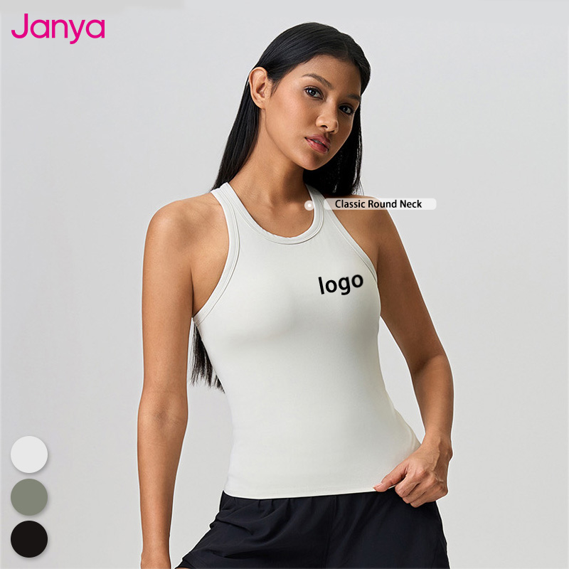 Janya Women's Yoga Gym Running Vest Round Neck Soft Tops Custom Logo Breathable Four-Way Stretch Workout Racer Back Tank Top