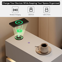 Table de chevet minimaliste moderne et étroite en MDF blanc avec 3 tiroirs flottants, station de charge sans fil intelligente et LED intégrée