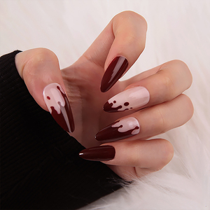 Uñas Postizas en Forma de Almendra Color Borgoña con Puntas Vintage Minimalistas, Acabado Natural Brillante, Juego de Uñas Postizas Reutilizables - Product Image 1