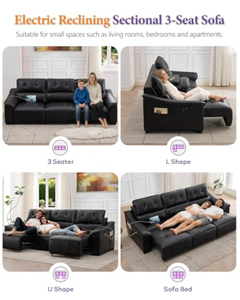 Sofá seccional reclinable eléctrico multifuncional con silla eléctrica, puertos USB para cargar, portavasos y tapicería de cuero PU para sala de estar o cine. - Product Image 3