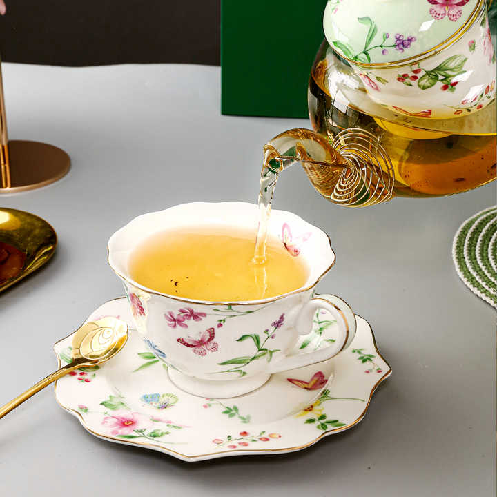 Teapot Set with 2 Teacups & Removable Infuser - Microwave Dishwasher Safe Porcelain Ceramic Bone China Tea Maker Gift