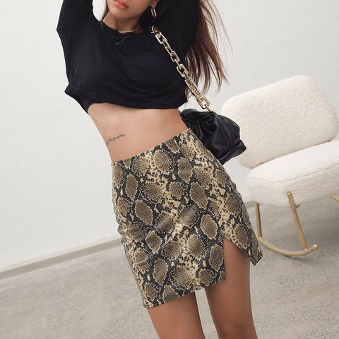 3334 High Quality Popular Streetwear High Waist Snakeskin Pattern Split Slim Genuine Leather Skirts Women