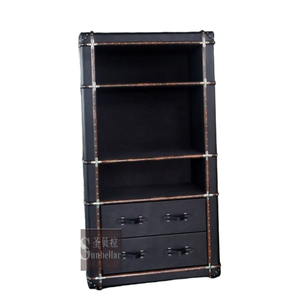 Foshan Factory Directly OEM ODM Retro Vintage negro cuero librería 3 niveles con 2 cajones madera ratán almacenamiento estantería hogar - Product Image 4
