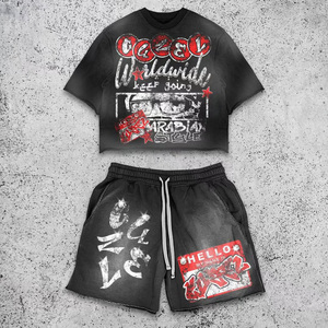 เสื้อยืดผู้ชายพิมพ์ลายแบบรีดร้อน สวมใส่สบาย ระบายอากาศได้ดี ผ้าถัก 500GSM ผ้าฝ้าย 100% ชุดเสื้อยืดโอเวอร์ไซส์ สไตล์ฮิปฮอป สตรีทแวร์ - Product Image 3
