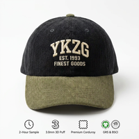 Casquette de baseball YKZG Premium en velours côtelé avec broderie 3D en relief, contrastant vert et jaune, pour l'athlétisme, vente en gros, personnalisable, marque privée