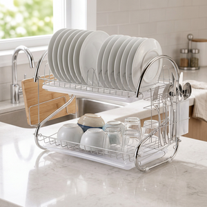 2 Tier <strong>Iron</strong> Dish Drying Rack with Cutlery Holder Cutting <strong>Board</strong> Holder Drip Trays Chrome Plated Finish Kitchen <strong>Storage</strong> - Product Image 4