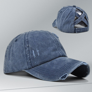 धोया रेट्रो क्रॉस होल ठोस रंग शरद ऋतु बेसबॉल कैप जिसमें पोनीटेल छेद pvc सामग्री 6-पैनल कस्टम - Product Image 3