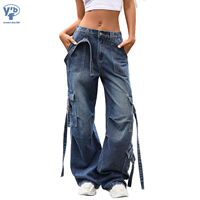 Jean cargo ample vintage en coton pour femme YUANBOFEI, coupe large, multi-poches, avec bretelles, décontracté, haute qualité