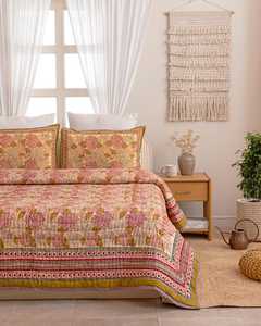 Pink Mustard Floral Cotton Quilt Sage <b>Green</b> Border Reversible Handmade Indian <b>Bedspread</b> Boho Botanical Bedding - Product Image 4
