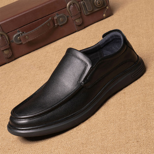 Men's Genuine Leather Loafers <b>Round</b> Toe Slip-On Rubber Outsole <b>Cushioned</b> Office Career Autumn Black Dress Shoes - Product Image 1