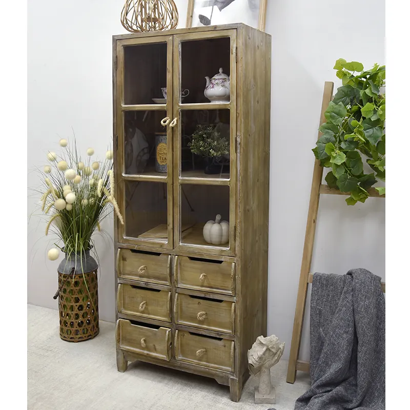 INNOVA Antique Furniture Collect Storage 6 Drawers Rustic Recycled Pine Wooden Accent Cabinet with Glass Doors