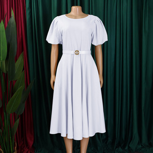 Vestidos de verano de alta calidad D3320 para mujer, casuales, con mangas abullonadas, corte en A, cintura alta, blancos, estilo africano. - Product Image 4