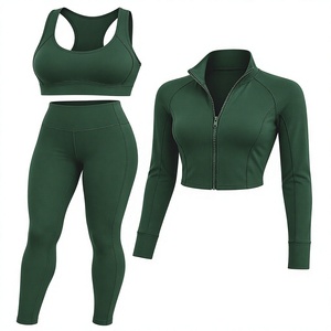 Conjunto Deportivo de Tres Piezas Verde Bosque para Mujer: Sujetador Deportivo, Leggings Ajustados de Cintura Alta y Chaqueta Corta con Cremallera de Secado Rápido para Gimnasio - Product Image 1