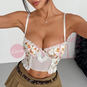 KISS ME ANGEL Sexy été floral profond col en V transparent maille cils à volants Sexy <span class=keywords><strong>femme</strong></span> Corset haut - Product Image 3