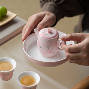 Guanlan Ceramic Teapot Powder Glaze Relief Floral Pattern With Lid Kung Fu <b>Tea</b> <b>Set</b> For Afternoon <b>Tea</b> - Product Image 3
