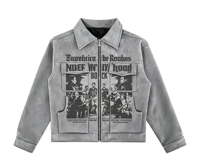 Veste en jean unisexe ample vintage personnalisée avec impression DTG Kornit, fermeture éclair et photo d'ensemble de rock, style streetwear