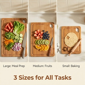 Lot de 3 planches à découper en bambou naturel avec rainure pour jus et poignées latérales, idéales pour la viande, le fromage et les fruits - Product Image 4