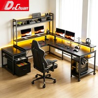 Bureau d'ordinateur en métal en forme de L avec tiroirs, éclairage LED et étagère supérieure pour le gaming à domicile (vente en gros)