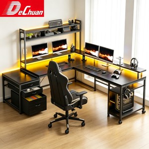 Escritorio de Computadora en <span class=keywords><strong>Forma</strong></span> de <span class=keywords><strong>L</strong></span> con Marco Metálico, Cajones, Luz LED y Estante Superior para Juegos en Casa, Venta al Por Mayor - Product Image 6