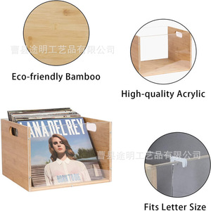 Wooden <b>Record</b> Storage Box Rectangle Natural Wood Color With Handle Visual Display For Office Media Organization - Product Image 3