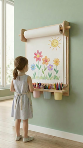 Tableau de dessin mural en bois Montessori pour enfants, gain de place, avec étagère de rangement et distributeur de rouleaux de papier - Product Image 5
