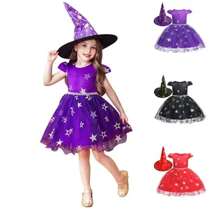 Gaun Pesta Anak-anak Cosplay 2 Buah untuk 8 Tahun Kostum Halloween dengan Topi Penyihir Gaun Putri Gadis Berbulu untuk Pernikahan