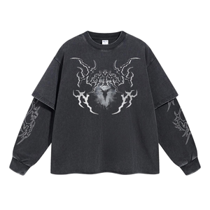 T-shirt à manches longues en deux pièces pour <span class=keywords><strong>homme</strong></span> de <span class=keywords><strong>marque</strong></span> tendance, délavé à l'acide, 100% coton tricoté, <span class=keywords><strong>col</strong></span> rond, coupe ample, anti-boulochage - Product Image 1