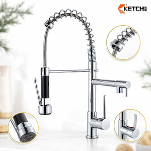 Grifo de <span class=keywords><strong>cocina</strong></span> industrial de latón pulido dorado con prelavado, manguera retráctil con resorte y boquilla <span class=keywords><strong>para</strong></span> llenado de ollas - Product Image 1