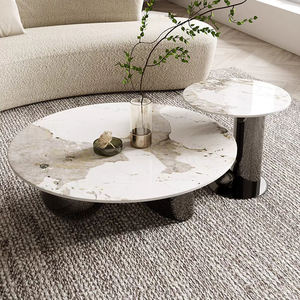 Luxe moderne salontafelset, ronde salontafel van gouden gesinterd steen, onderstel van roestvrij staal voor de woonkamer. - Product Image 6