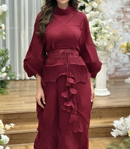 2025 nuovo Design Miyake plissettato due pezzi Plus Size <span class=keywords><strong>abiti</strong></span> primi tinta unita marrone t-shirt e gonne larghi <span class=keywords><strong>abiti</strong></span> lunghi da ufficio - Product Image 3