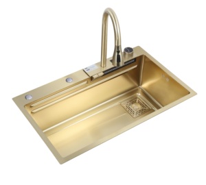 Serie Shark, Tazón Individual de 750x450 mm, AW-7545SY |   Juego de grifería digital extraíble de acero inoxidable 201, 3 colores PVD, para montaje bajo encimera - Product Image 2