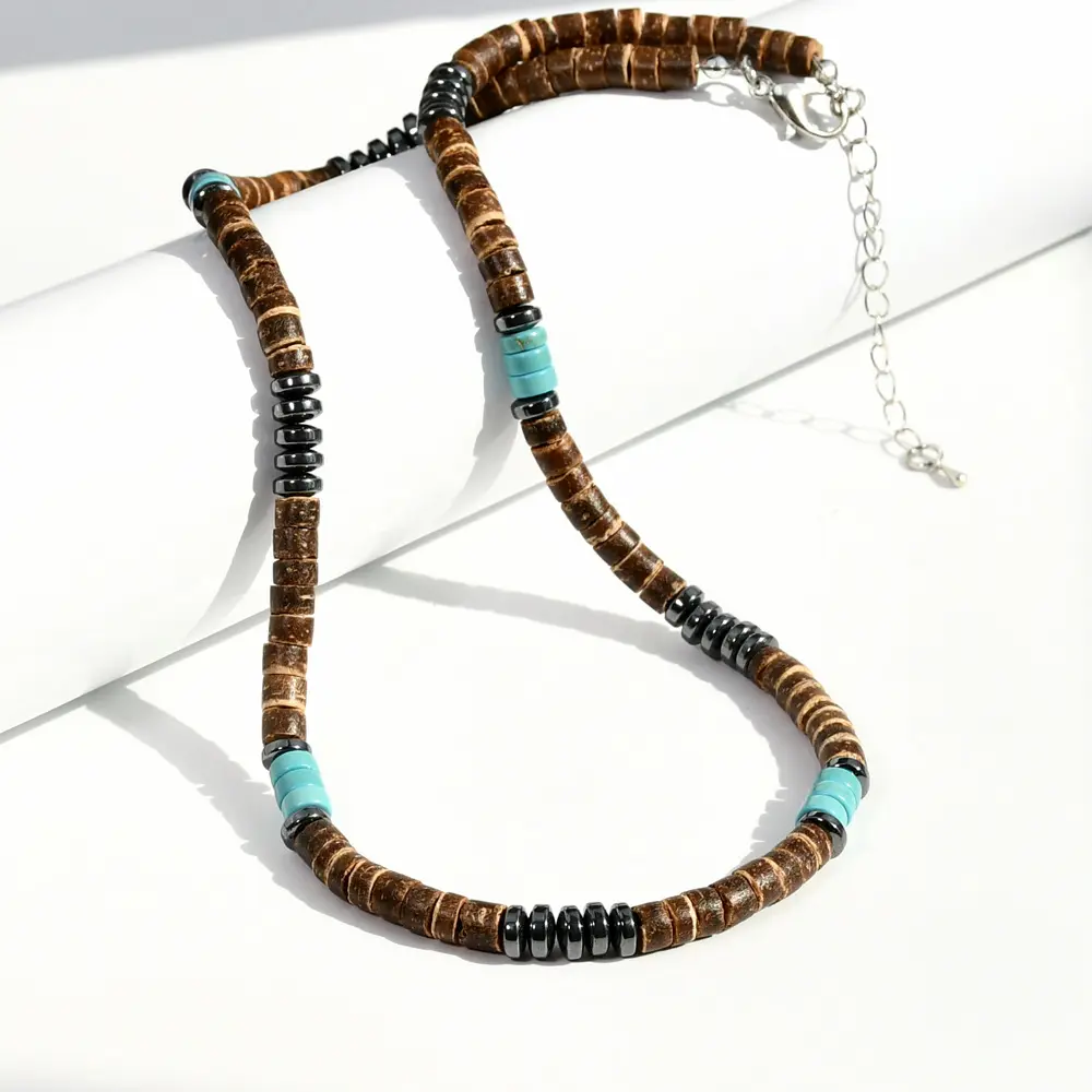 Cổ điển handmade Turquoise đính cườm Vòng cổ Unisex Nâu vỏ dừa Vòng cổ