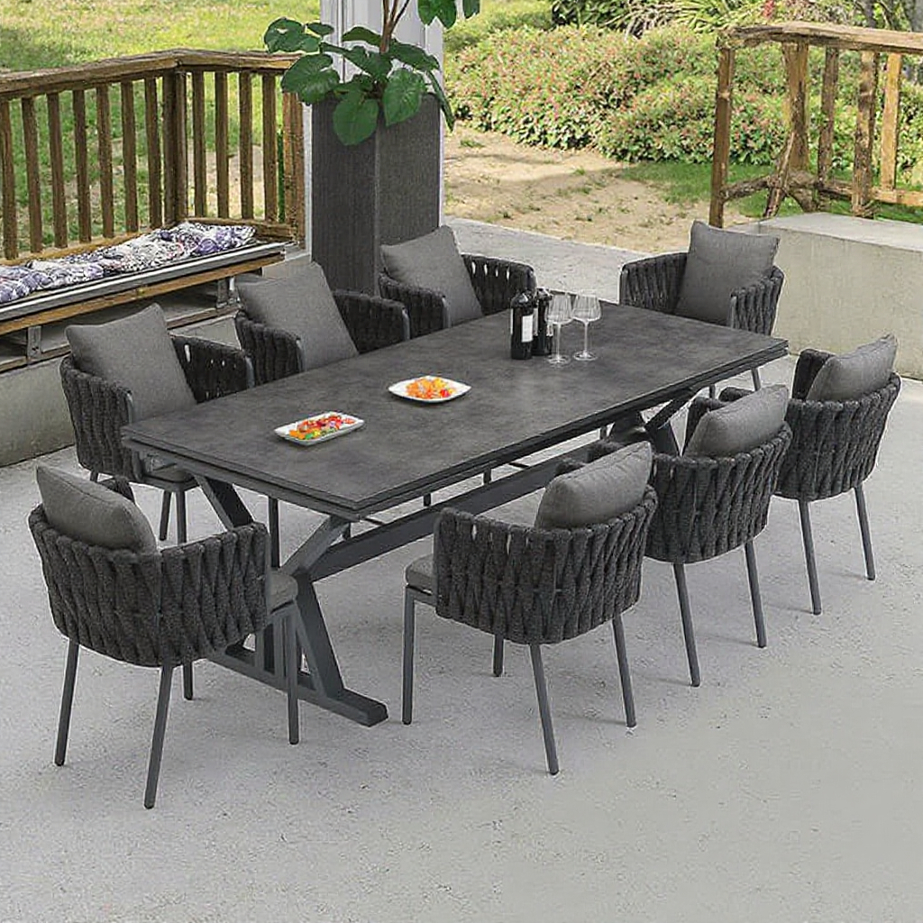 Luxury Modern Design Telescopic Table Rattan Furniture Set Lightweight Outdoor Garden Table Chair Park Aluminium Material