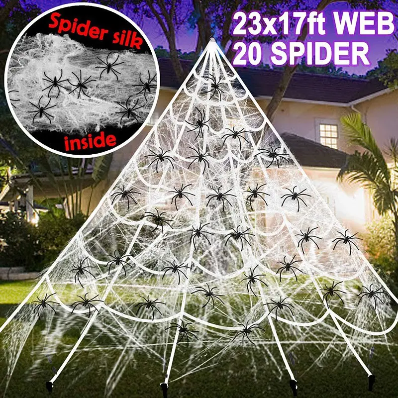 Haunted House Props Halloween Triangular Huge Spider Cobweb Giant Spider Home Yard Party Hanging Decorations for Indoor Outdoor
