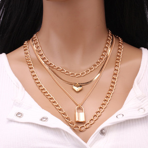 Conjunto de Collares en Capas de Moda, Colgante de Corazón con Candado de Aleación de Zinc Dorado, Cadena de Múltiples Hilos, Joyería para Mujer, Pieza de Destaque Moderna - Product Image 1
