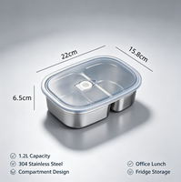 Boîte à lunch en acier inoxydable 304 à 2 compartiments de 1200 ml avec couvercle, boîte bento portable, boîte de rangement pour réfrigérateur pour les employés de bureau