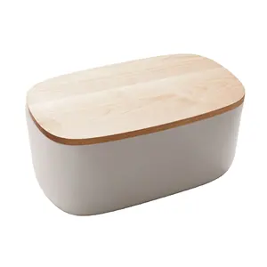 现代白色长方形厨具陶瓷面包盒，带竹盖