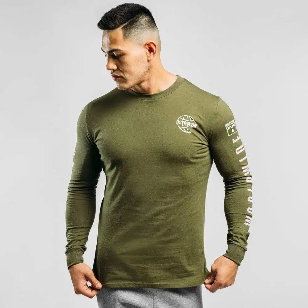 Athletic apparel manufacturer custom printed mens cotton spandex long sleeve muscle fitness sports gym tshirt