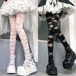 Lolita Style Thigh High Stockings Women Thin Transparent Black White Striped Pantyhose Punk Fashion Summer Wear - Product Image 1