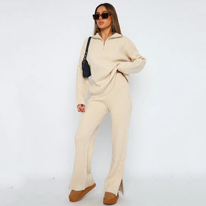 Женский Трикотажный костюм LogoM18076, повседневный и удобный трикотажный спортивный костюм с длинными рукавами и лацканами - Product Image 2