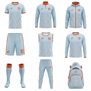 Ensemble complet d'uniforme de football bleu ciel clair et orange, kit de football personnalisé pour équipe, maillot géométrique, short, chaussettes, survêtement pour chapeau et sac à dos - Product Image 2